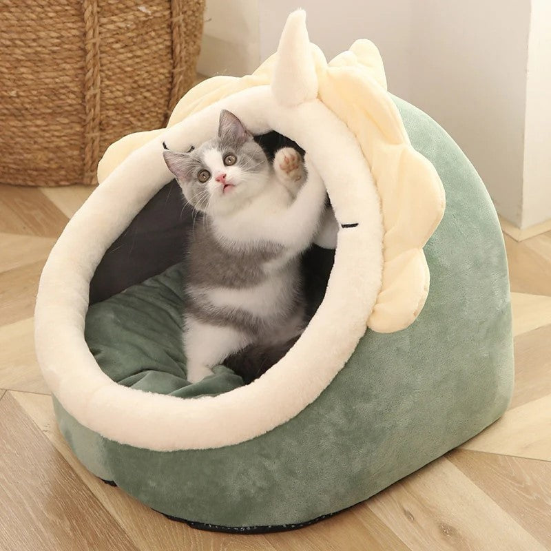 Tent Bed With Cushion Washable Pet Cave-Paw Print Pad