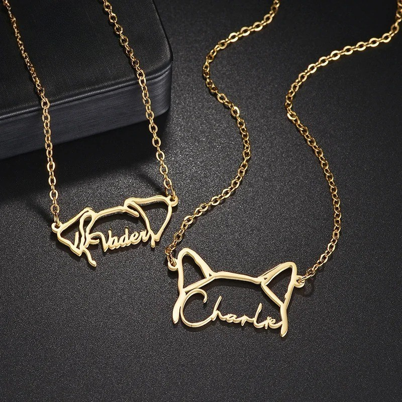 Custom Pet Outline Pendant Necklace With Name Detail-Paw Print Pad