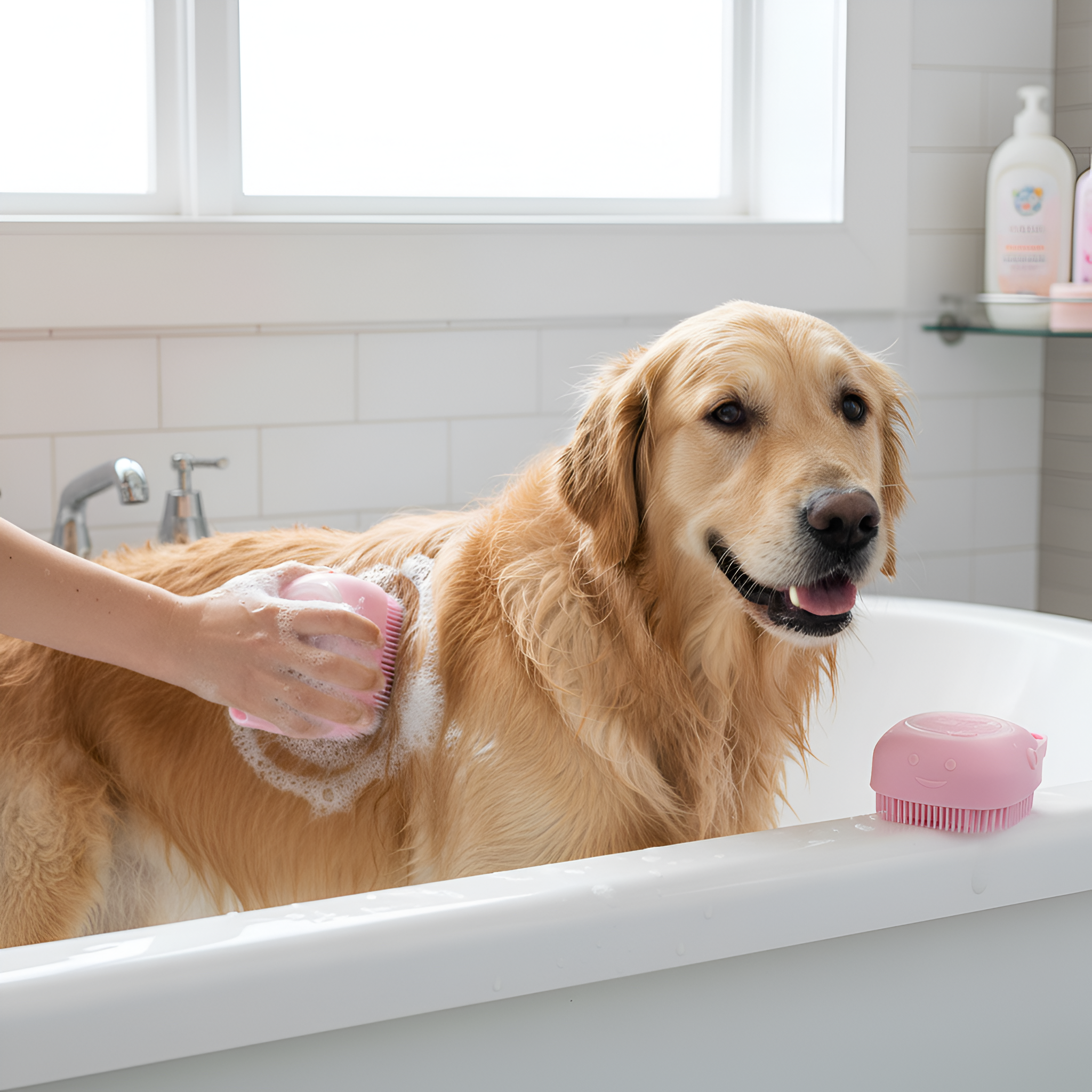 Silicone Massage Pet Bath Brush With Shampoo Storage For Dogs And Cats