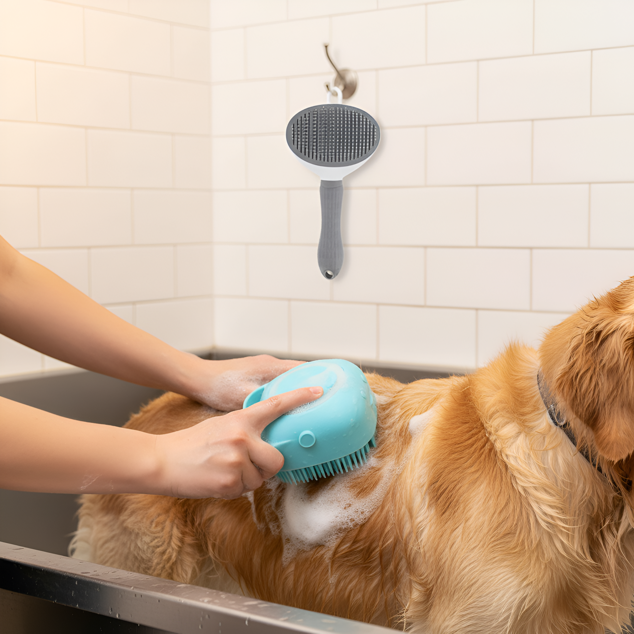 Massage Pet Bath Brush With Shampoo Storage For Dogs And Cats