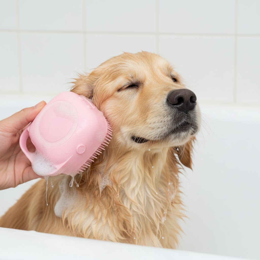 Silicone Massage Pet Bath Brush With Shampoo Storage For Dogs And Cats