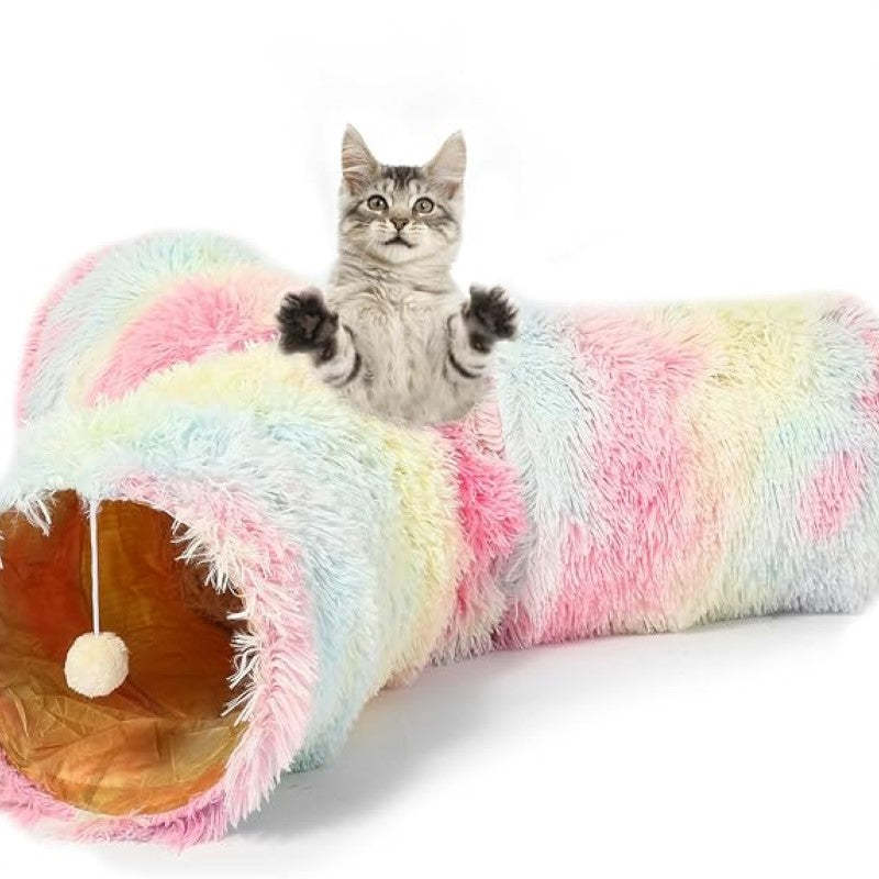 Round Plush Pet Bed With Tunnel Hideout-Paw Print Pad