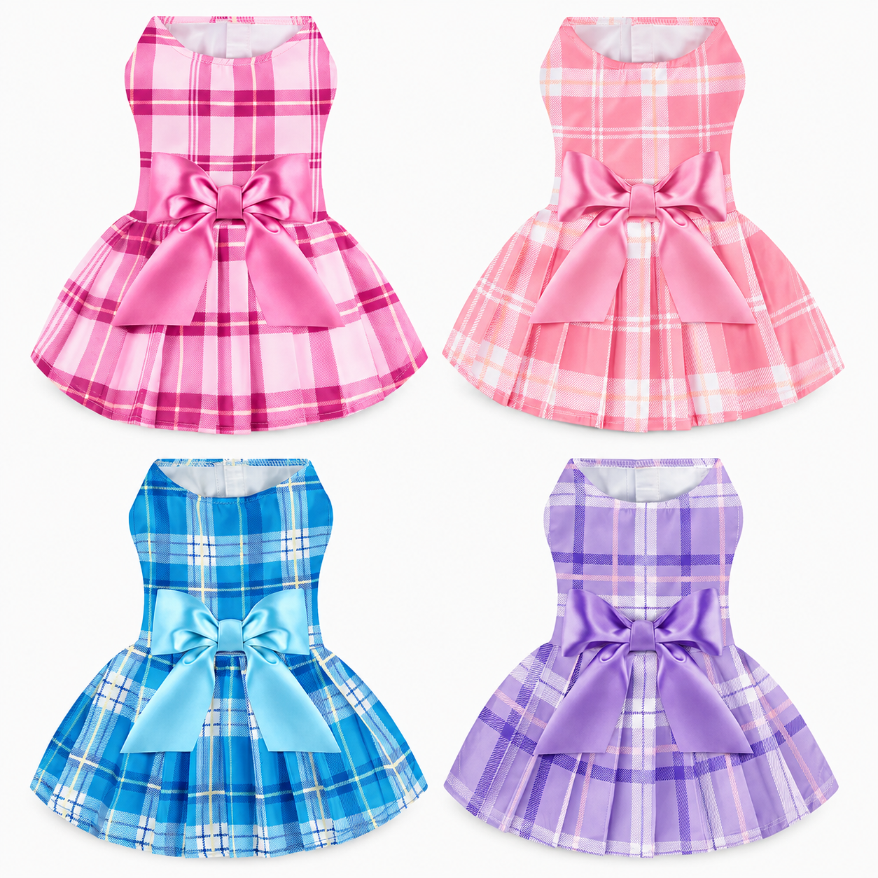 Summer Pack Of 4 Bowknot Plaid Dresses For Dogs