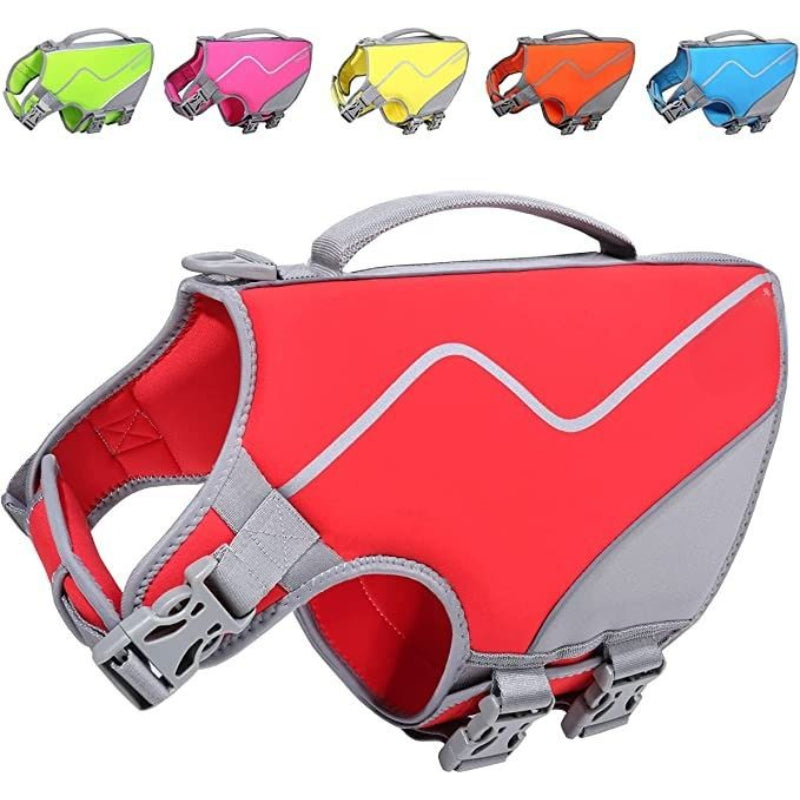 Large Dog Life Jacket, Snug Neoprene Life Jacket For Dogs With Superior Buoyancy & Rescue Handle, Red L-Paw Print Pad