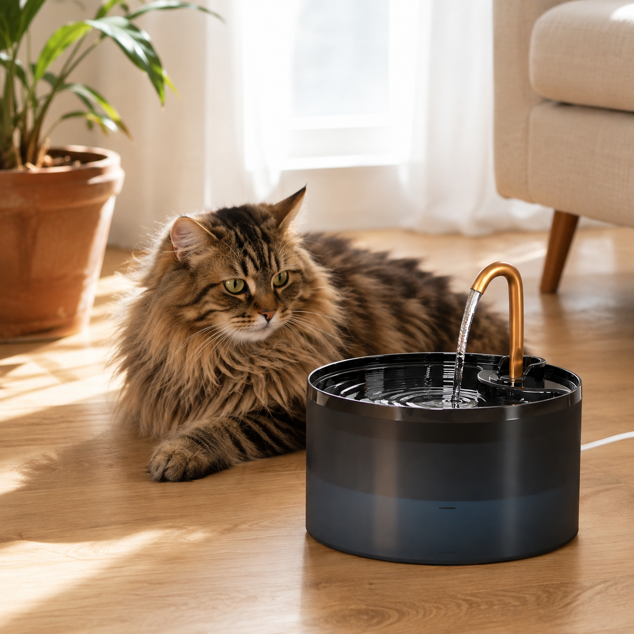 2.1L Silent Water Fountain For Cats With LED Automatic Gravity Feeder