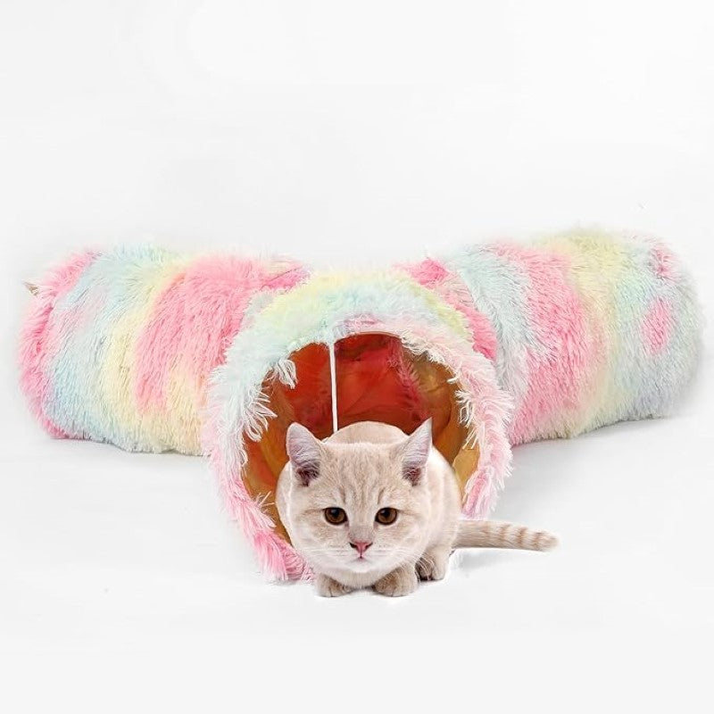 Round Plush Pet Bed With Tunnel Hideout-Paw Print Pad