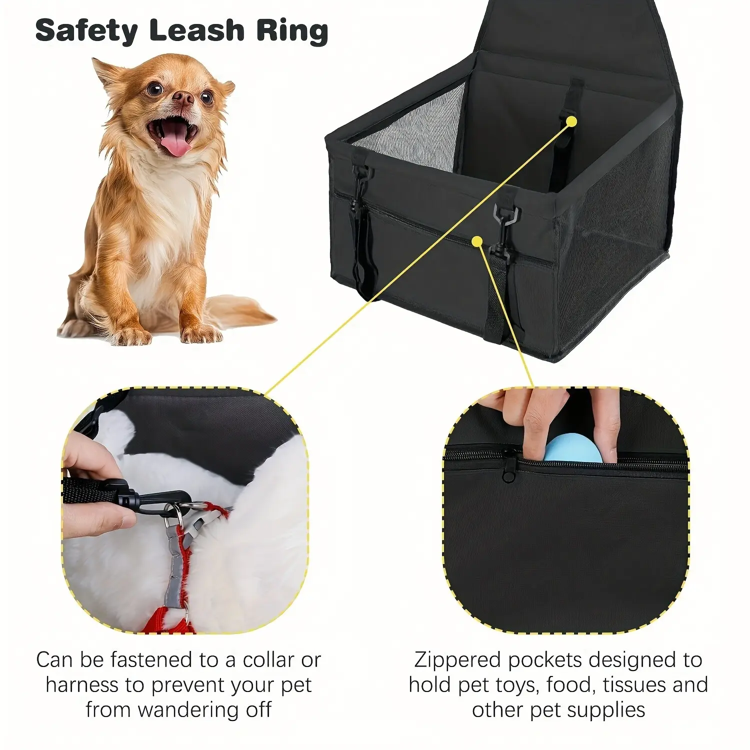 Bottom and front with thickened PE partitions Pet reinforced car booster seat for dogs and cats Portable breathable bag with safety belt Puppy carrier Dog carrier safe and stable for travel Attention with clip-on belt with PVC tube (pink, gray, black)