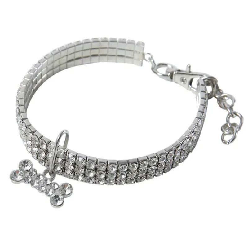 Elastic Rhinestone Pet Collar With Three Row Crystal Design