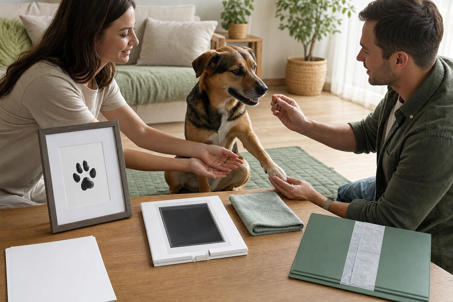 Relaxed dog offering a paw during a reward-based clean-touch keepsake session with blank cards and a framed paw print
