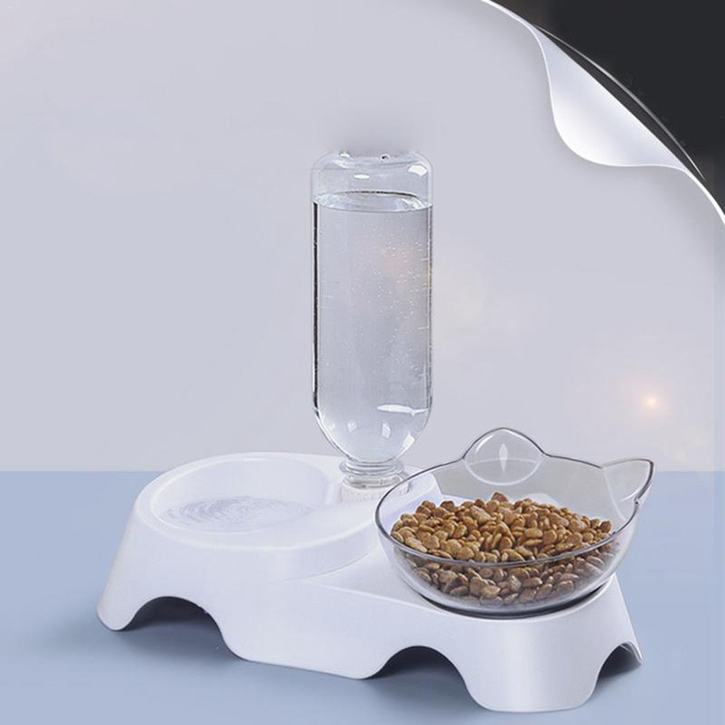 Double Bowl With Removable Water Bottle For Cats-Paw Print Pad