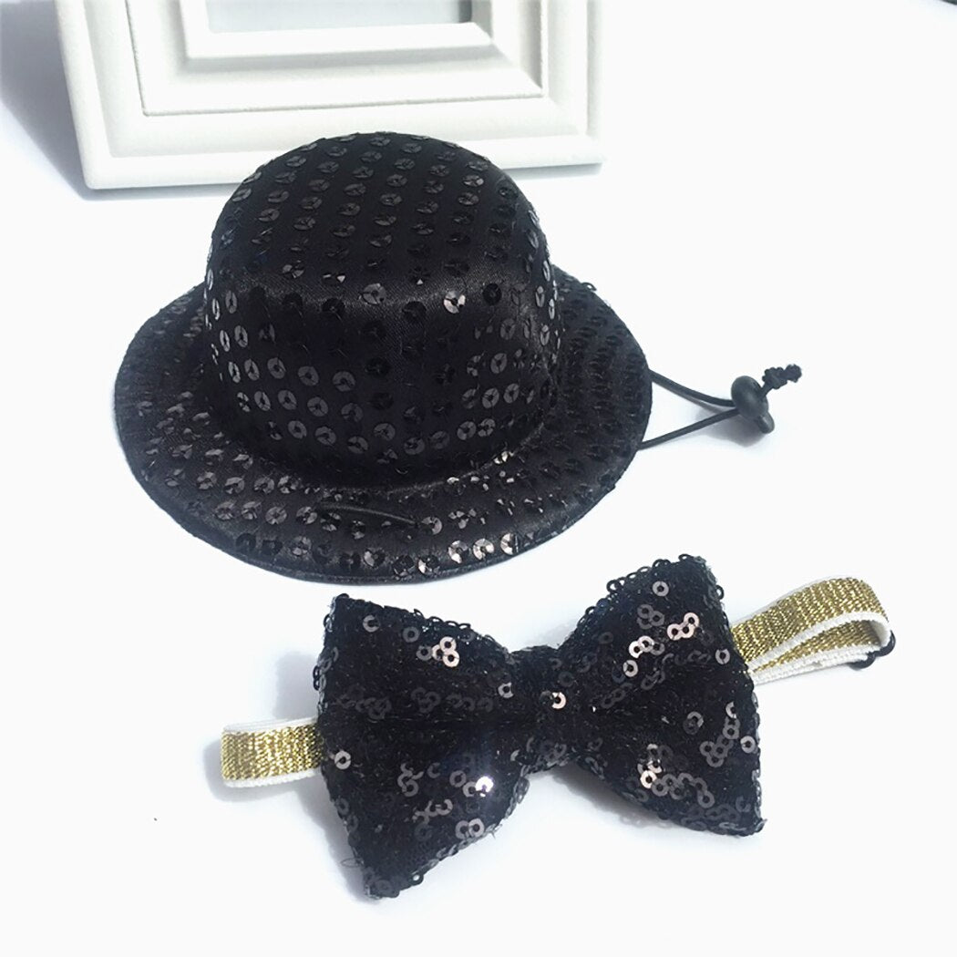 Black Sequins Top Hat With Bow Tie Set For Dogs-Paw Print Pad