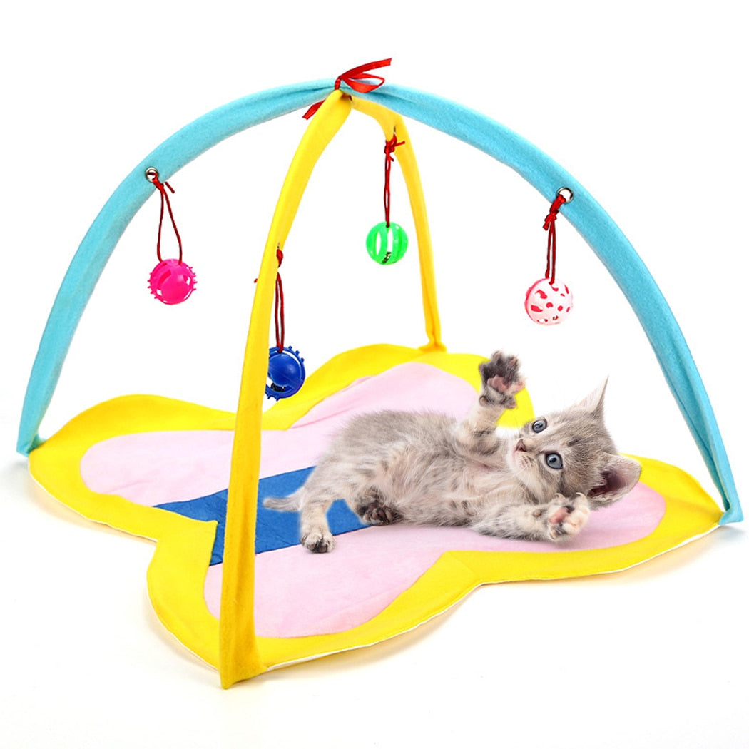 Portable Cat Tent With Hanging Toy-Paw Print Pad