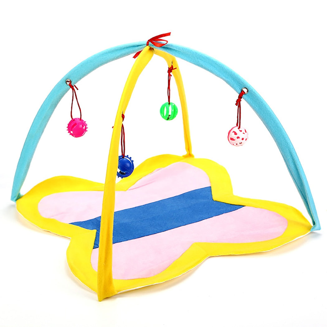 Portable Cat Tent With Hanging Toy-Paw Print Pad