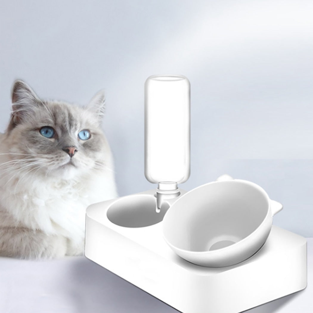 2 In 1 Adjustable Food Bowl With Water Bottle For Cat-Paw Print Pad