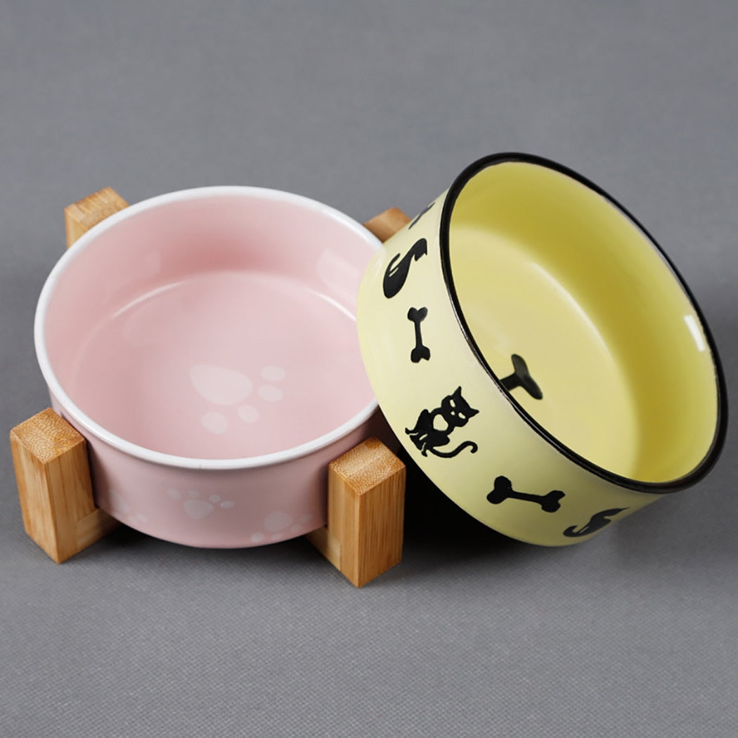 Ceramic Food Bowls With a Bamboo Frame-Paw Print Pad