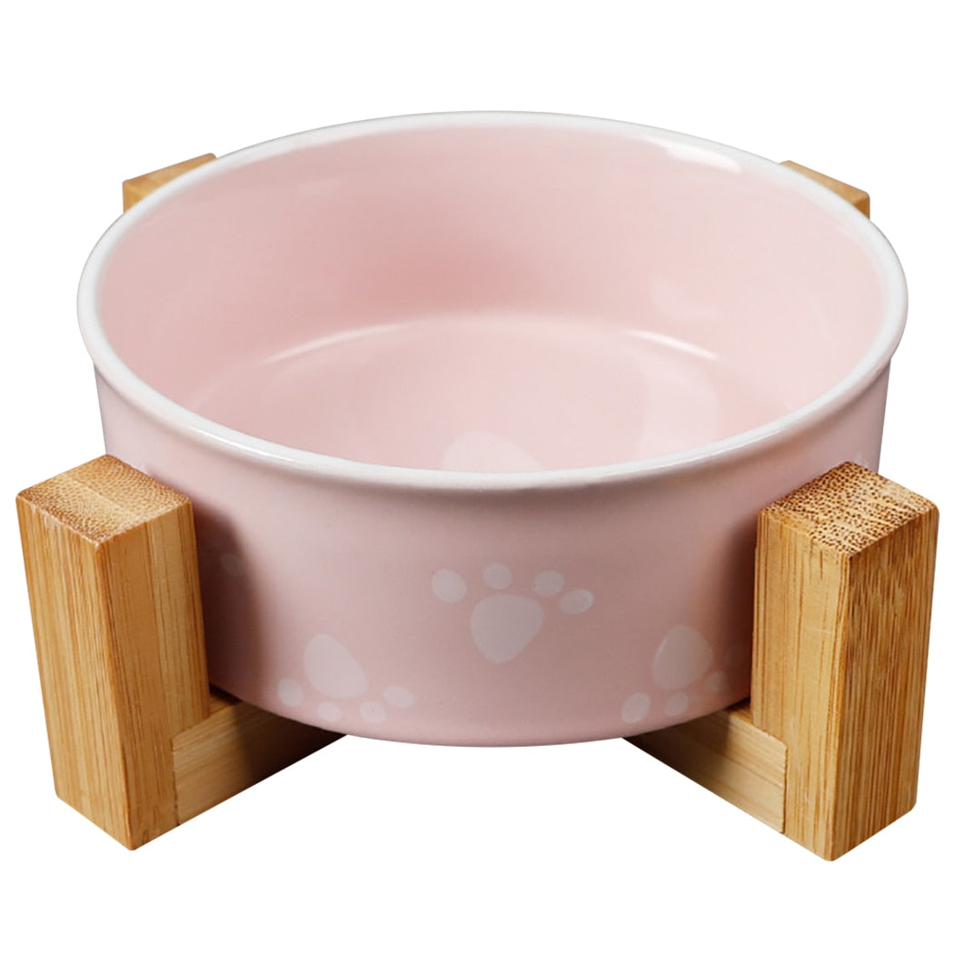 Ceramic Food Bowls With a Bamboo Frame-Paw Print Pad