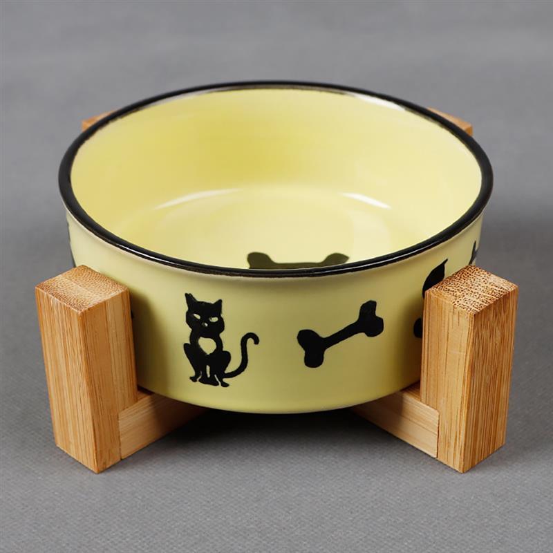 Ceramic Food Bowls With a Bamboo Frame-Paw Print Pad