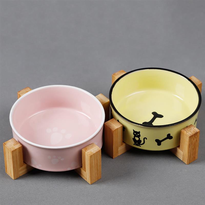 Ceramic Food Bowls With a Bamboo Frame-Paw Print Pad