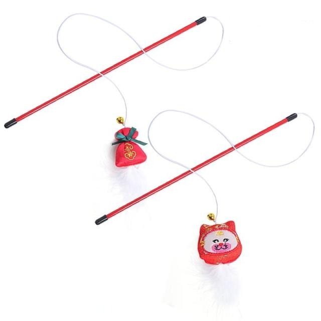 2Pcs Faux Feather Cat Wand Toys-Paw Print Pad