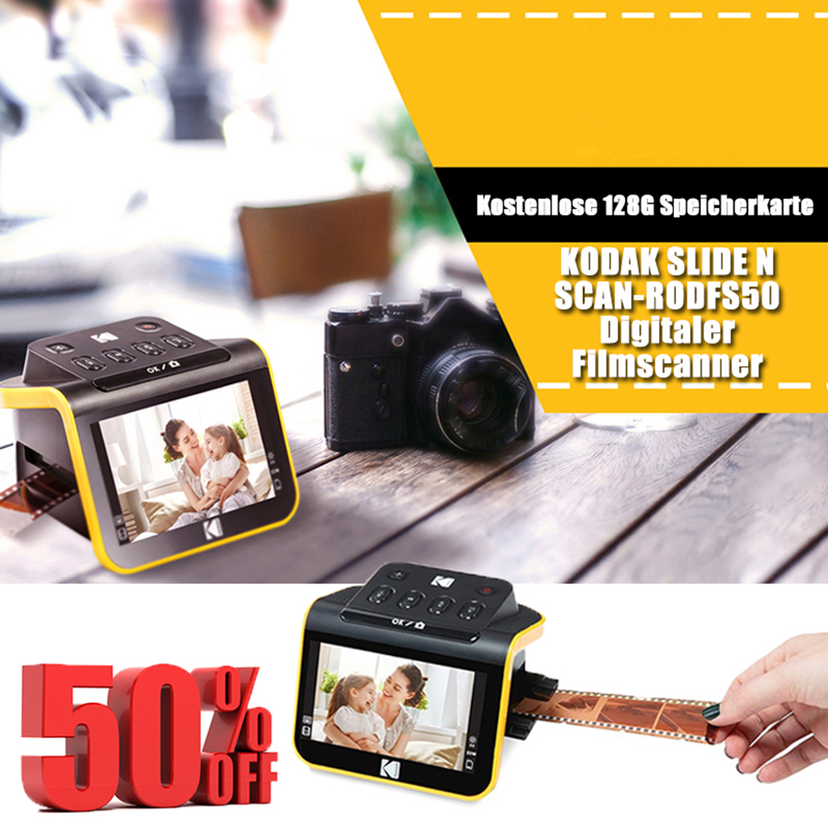 Digitale Film-, Film- und Diascanner von , die Farb- und Schwarzweißnegative und -dias im Format 35 mm, 126 mm und 110 mm in hochauflösende digitale JPEG-Fotos mit 22 Megapixeln umwandeln.