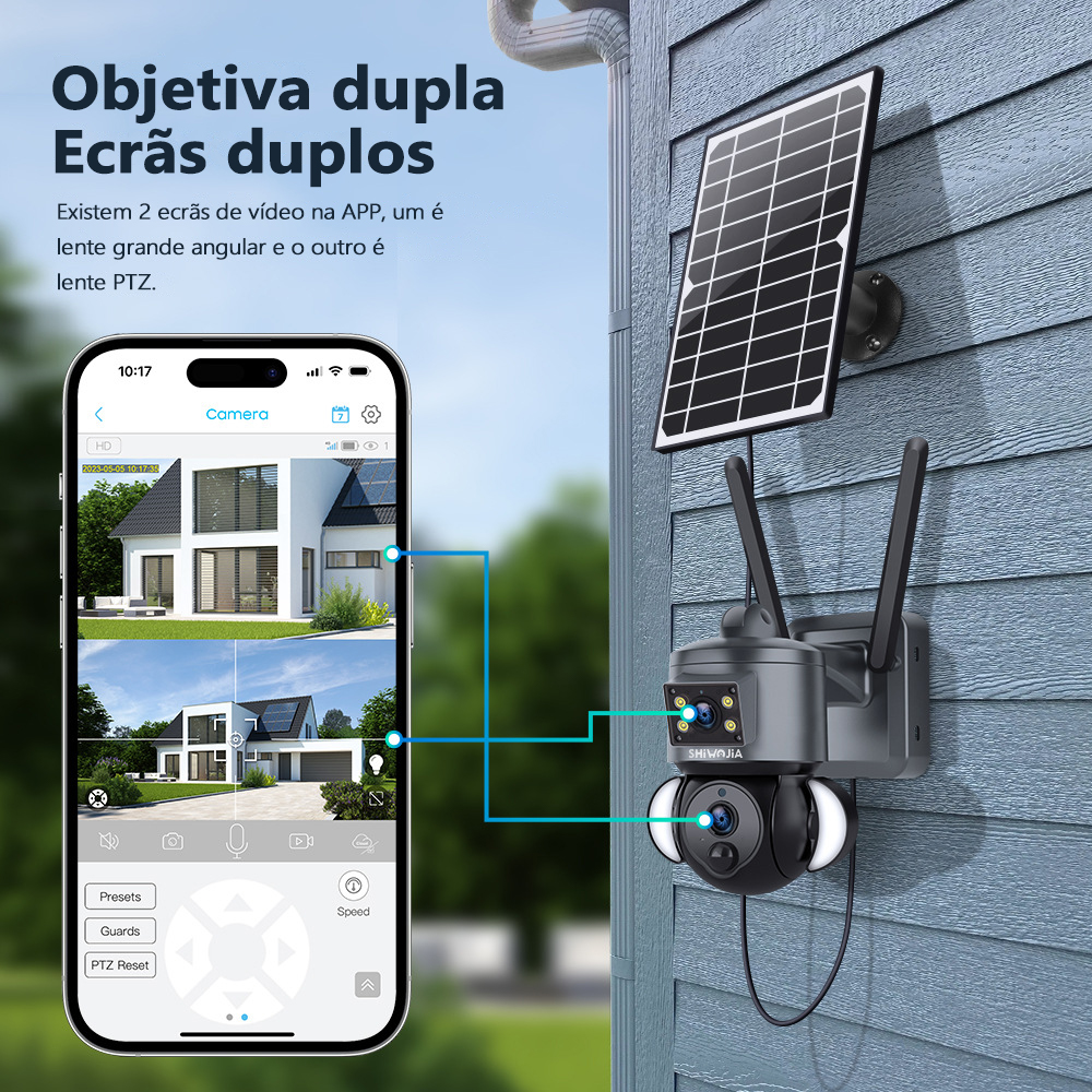 Sistema de segurança doméstica inteligente Panorama 2023 com câmara de 6 MP, flash de lente dupla, câmara IP solar