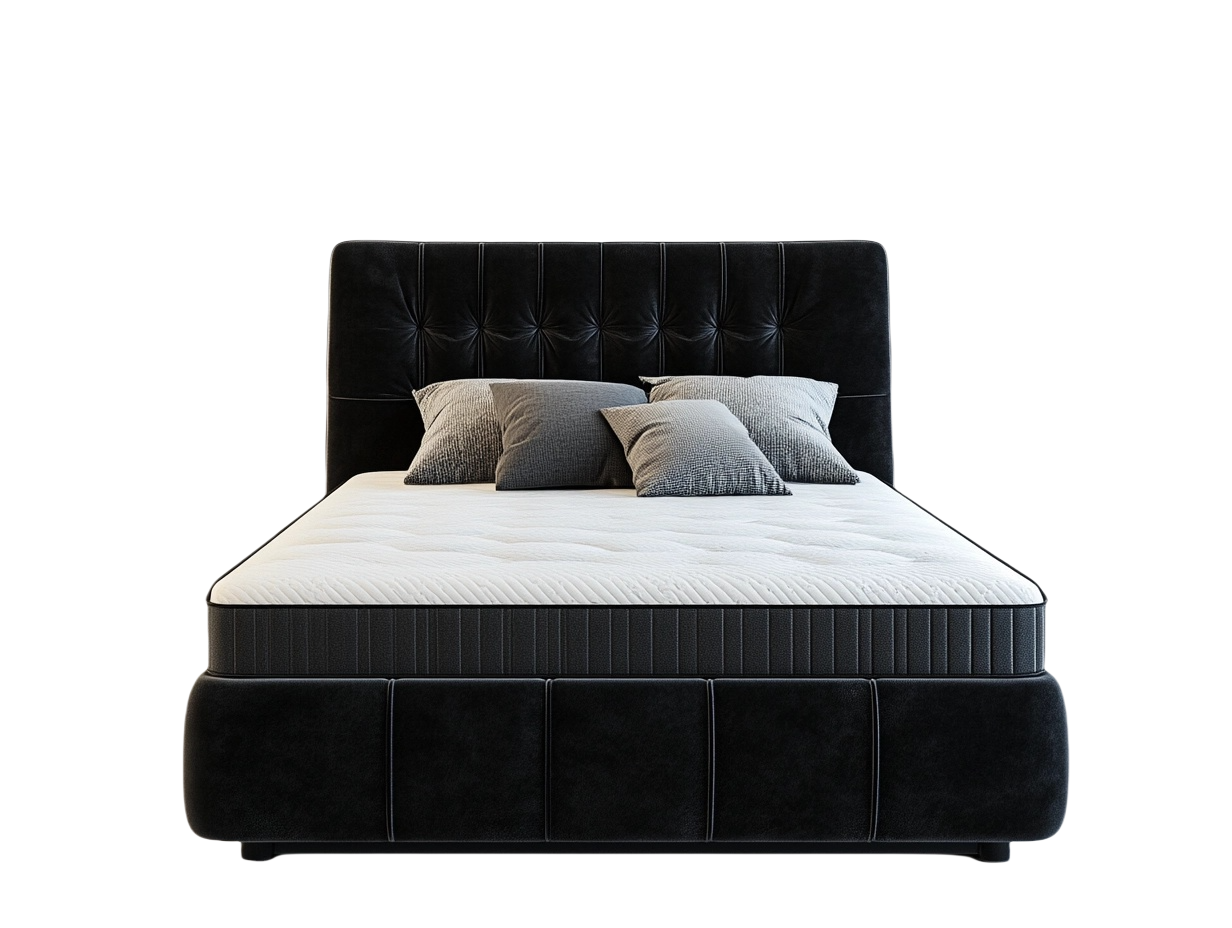 Polsterbett mit hohem Kopfteil und Boxspring-Optik, 180x200 cm, Samt Schwarz, inkl. 4 Kissen