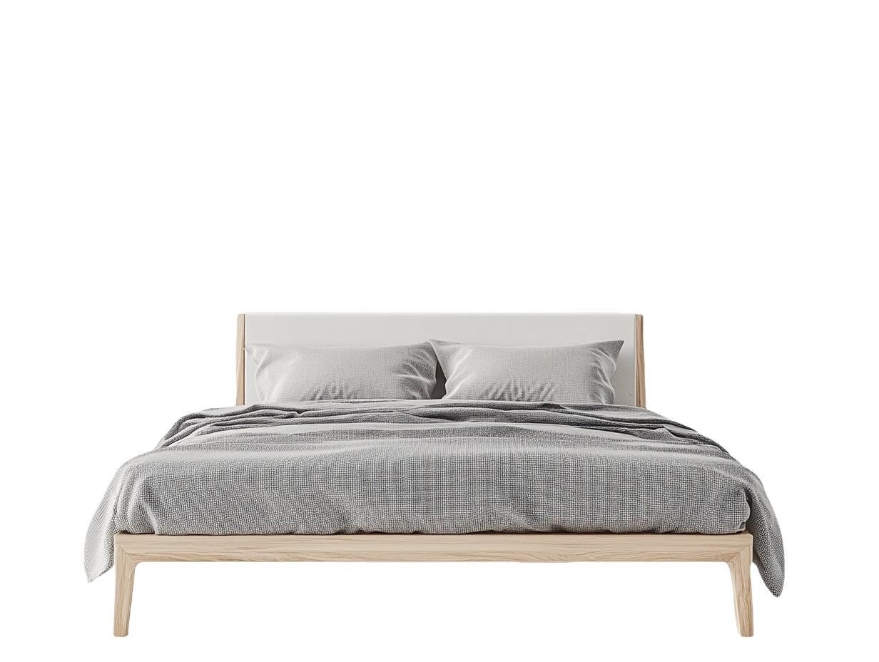 Modernes Doppelbett aus Eichenholz mit gepolstertem Kopfteil für Schlafzimmer 180×200 cm, inkl. 2 Kissen & 1 Bettdecke