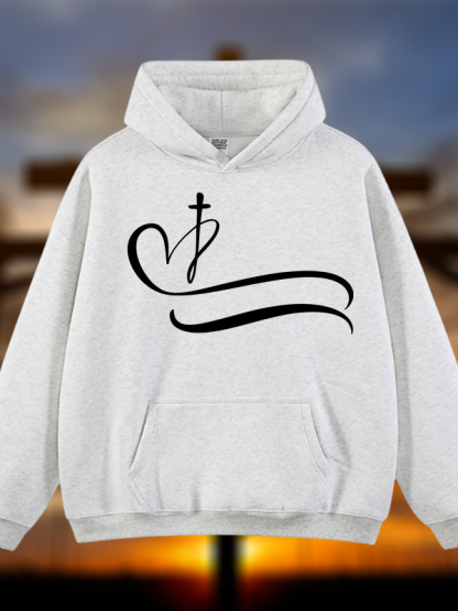 Heart Cross  Jesus God Christian Plush Fleece-Lined Hoodie