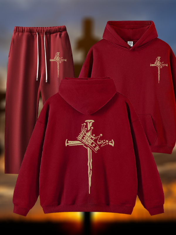 Cross Crown Jesus God Christian Plush Fleece-Lined Hoodie Set