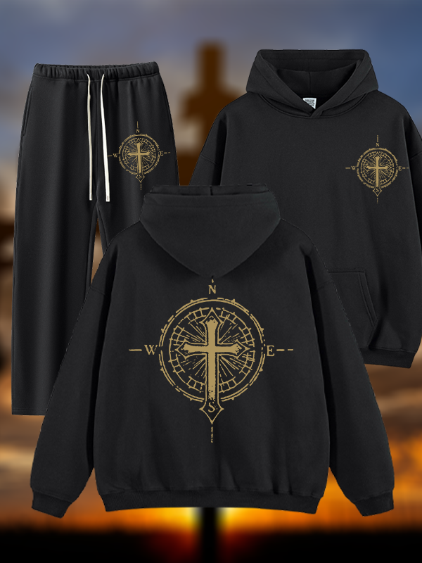 Cross Compass Jesus God Christian Plush Fleece-Lined Hoodie Set