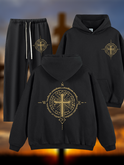 Cross Compass Jesus God Christian Plush Fleece-Lined Hoodie Set