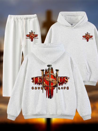 Jesus Saved My Life Jesus God Christian Plush Fleece-Lined Hoodie Set