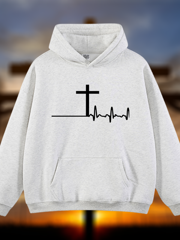 ECG Cross Jesus God Christian Plush Fleece-Lined Hoodie