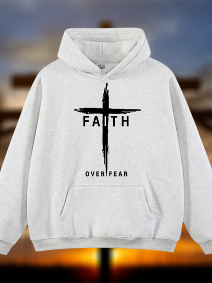 Faith Over Fear Cross Jesus God Christian Plush Fleece-Lined Hoodie