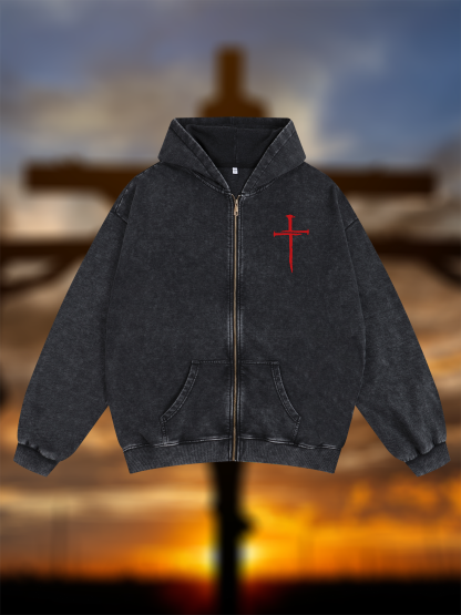 Red Cross  Jesus God Christian Washed Zip-Up Hoodie