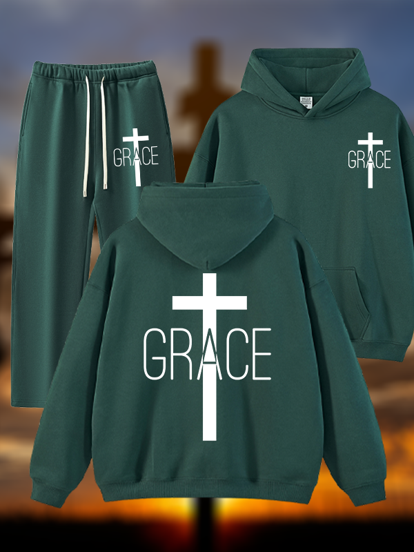 Grace Cross Jesus God Christian Plush Fleece-Lined Hoodie Set