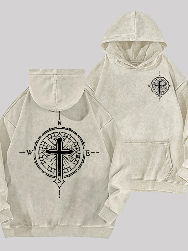 Cross Compass  Jesus God Christian Washed Hoodie