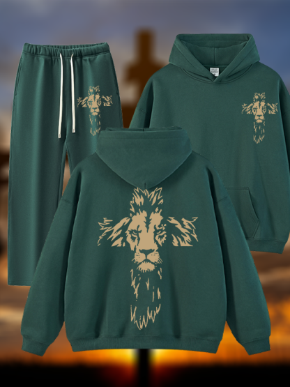 Lion Cross Jesus God Christian Plush Fleece-Lined Hoodie Set