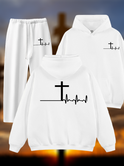 ECG Cross Jesus God Christian Plush Fleece-Lined Hoodie Set