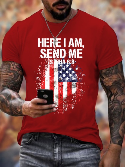 Here I Am Send Me American Flag Cross Isaiah 6 ：8 Jesus God Christian Cotton T-Shirt