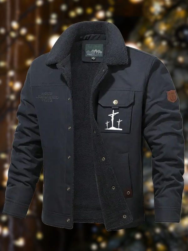 Men's Cross Print Casual Fleece-Lined Jacket