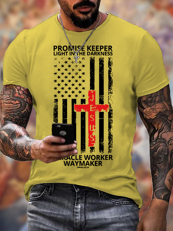 Waymaker Promise Keeper Miracle Worker American Flag Faith In Our Lord Jesus God Christian Cotton T-Shirt