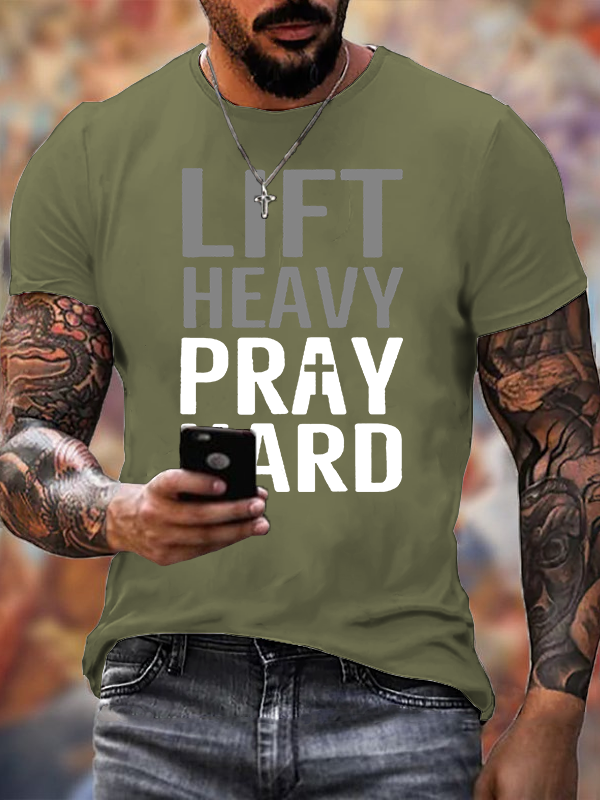 Lift Heavy, Pray Hard Jesus God Christian Cotton T-Shirt