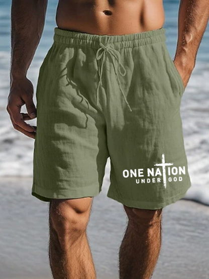 Men's One Nation Under God Cross Christian Beach Shorts