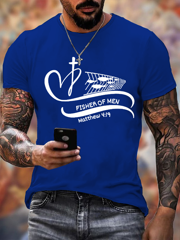 Man Of God, Fisher Of Men Matthew 4:19 Cross Faith Jesus God Christian Cotton T-Shirt
