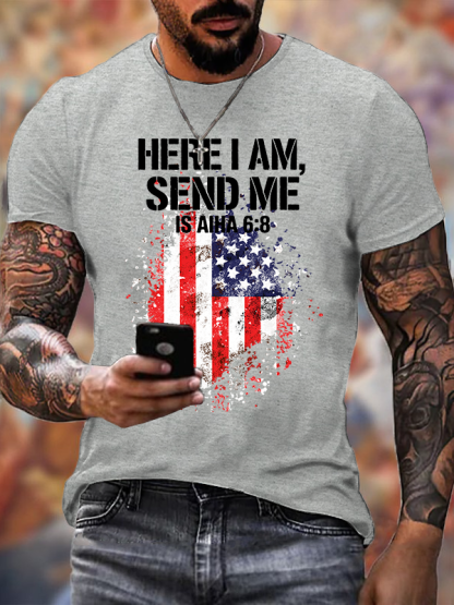 Here I Am Send Me American Flag Cross Isaiah 6 ：8 Jesus God Christian Cotton T-Shirt