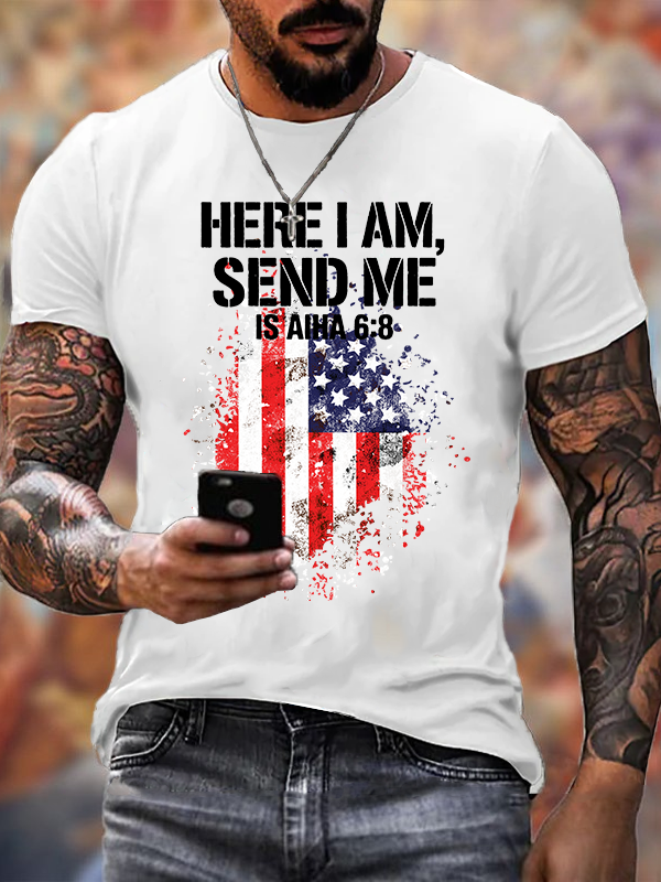 Here I Am Send Me American Flag Cross Isaiah 6 ：8 Jesus God Christian Cotton T-Shirt