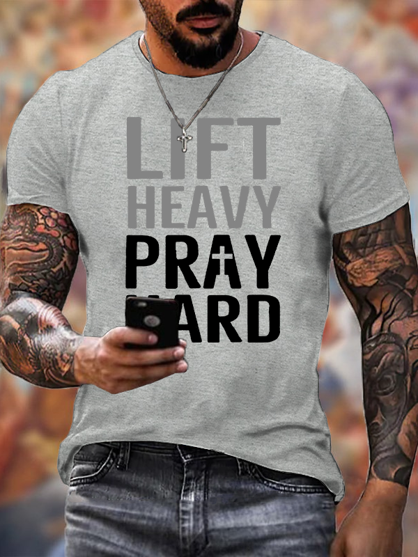 Lift Heavy, Pray Hard Jesus God Christian Cotton T-Shirt