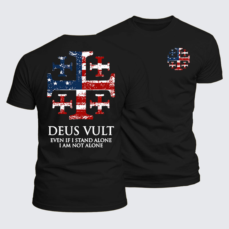 Luxe Mercerized Cotton Tee - Deus Vult Jerusalem Cross Usa Flag Jerusalem Cross Even If I Stand Alone, I Am Not Alone