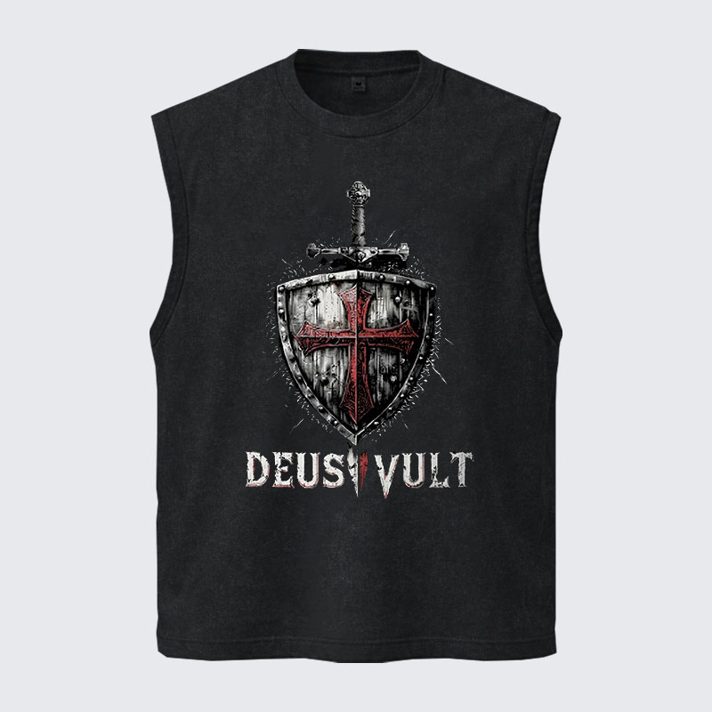 Washed Tank Top - Deus Vult Crusader Shield Templar Cross